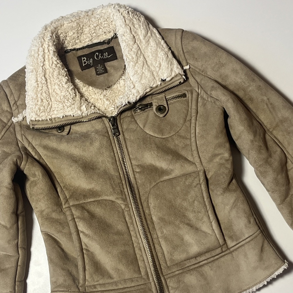 Big Chill Tan Faux Suede Sherpa Lined Moto Jacket Small Short Aviator Style Coat